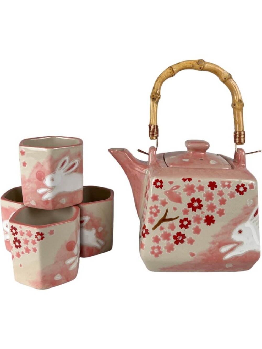 Hand-Painted Cherry Blossom Tea Set, 20oz Teapot & 4 Hexagon Cups, Japanese